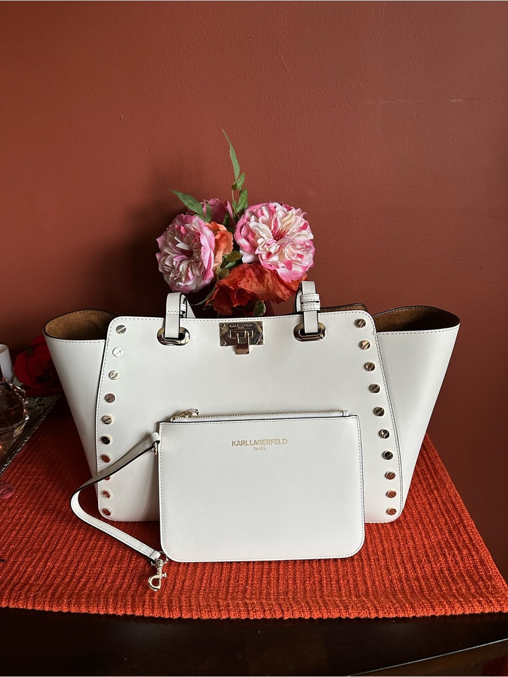 Karl Lagerfeld Large White Stud-Trim Tote with Matching Wristlet